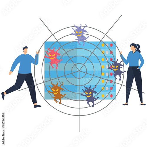 Flat vector style illustration of people creating digital spiderweb around server to trap malware and defend against cyber threats stock illustration