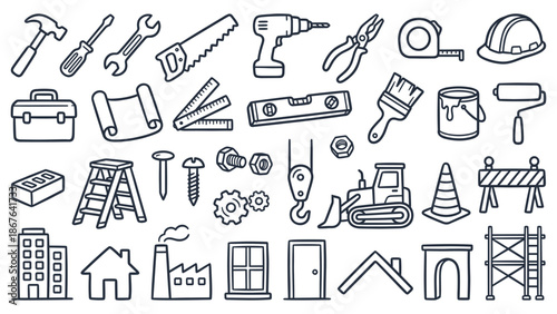 Collection of construction tools and equipment icons on a white background