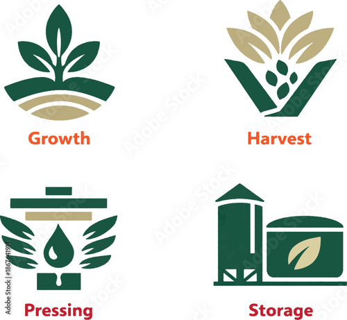 Set of agriculture and olive oil production icons featuring growth, harvest, pressing, and storage stages for organic farming branding