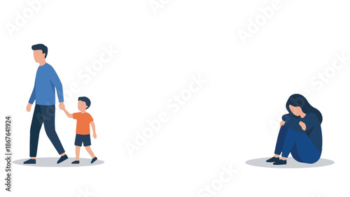 Family separation, father and son walking away from sad mother