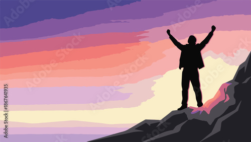 Triumphant person silhouette on mountain peak celebrating success at sunset