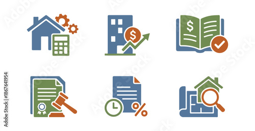 Financial icons representing concepts of real estate and investment