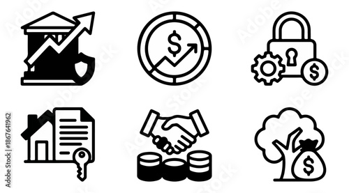 Financial icons representing growth investment and security