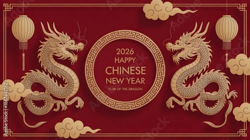 2026 Chinese New Year Celebration With Dragons, Lanterns, And Golden Circular Border