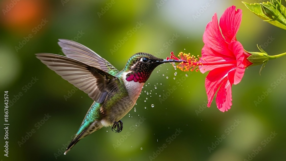 Fototapeta premium Hummingbird feeding on pink flower nectar.
