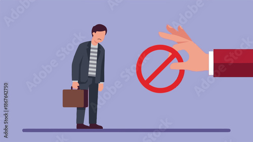 Businessman with briefcase facing rejection or denied opportunity