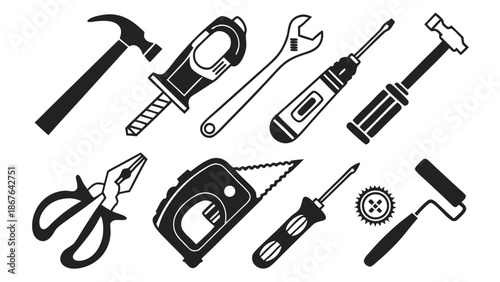 Black and White Icon Set of Carpentry and Home Repair Tools for DIY Projects Website Design or Construction Manuals