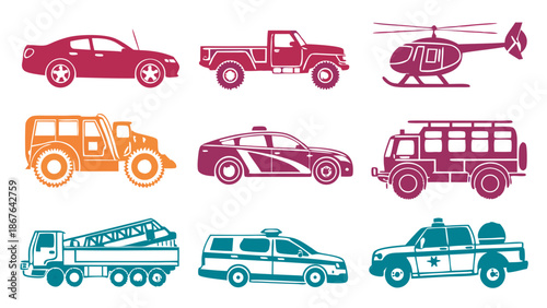 Diverse Transportation Icons Set Emergency Service Vehicles Helicopter Truck for Web Design and Infographic Projects