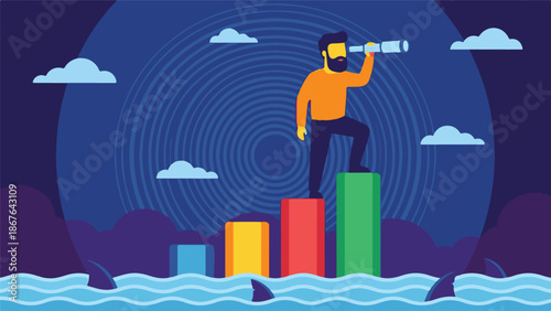 Man on progress bar with telescope, seeking future amidst challenges