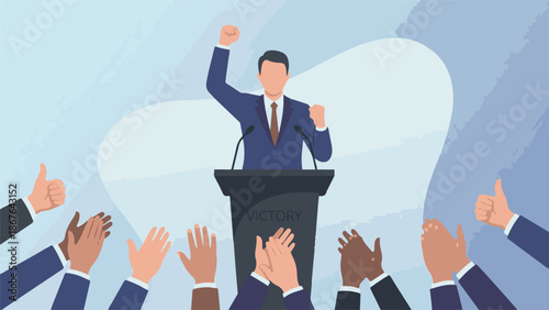 Man giving a victorious speech at a podium with an applauding audience