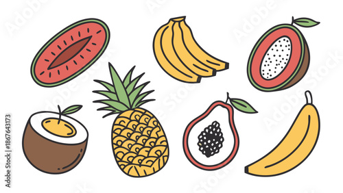 Vibrant Tropical Fruit Collection for Summer Menus Healthy Recipe Design Juicy Watermelon Pineapple Coconut Papaya Food Illustration