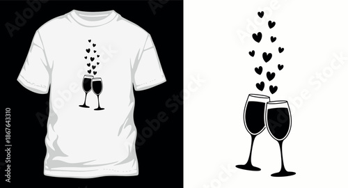 Two champagne wine glasses toasting with heart bubbles silhouette vector illustration for wedding or anniversary