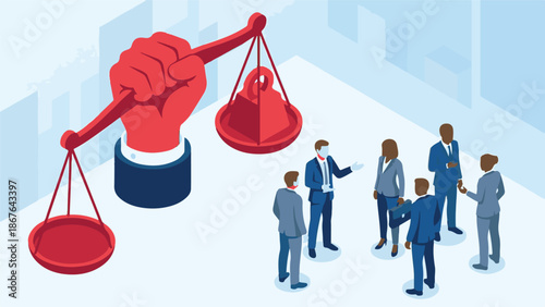 Corporate justice and legal discussion with isometric business team