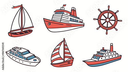 Nautical Vector Icons Set Sailboat Cruise Ship Yacht Helm for Travel Web Design Summer Vacation Graphics