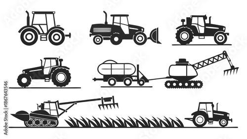 Diverse Farm Tractor and Agricultural Machinery Icons for Rural Industry Design Projects and Seasonal Harvest Promotion