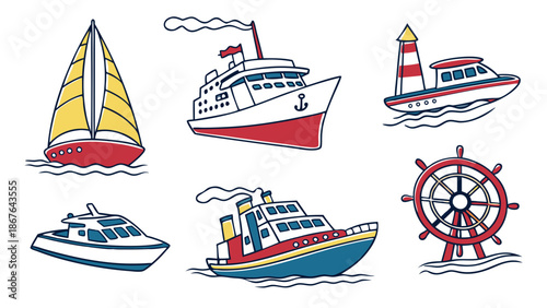 Nautical Vector Set Sailboat Cruise Ship Lighthouse and Ship Wheel for Maritime Web Design and Travel Brochures