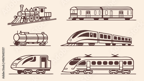 Diverse Train Collection Set Steam Locomotive High Speed Rail Freight Transport Icons for Transportation Industry Design Projects