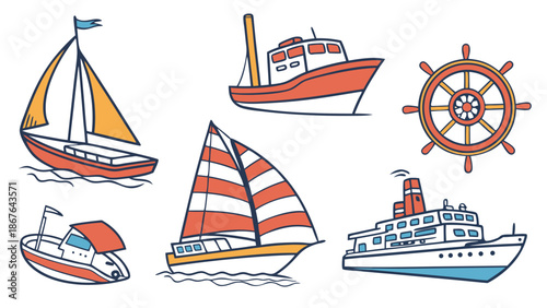 Nautical Vector Set Sailboat Fishing Trawler Cruise Ship Helm for Travel Web Design Summer Vacation Illustration