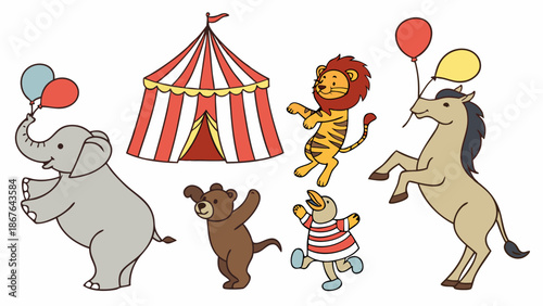 Joyful Circus Animals with Elephant Horse Bear Lion and Tent for Children Party Invitations Web Design Fun Events