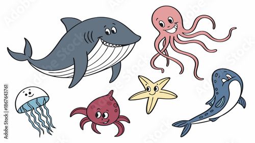 Cute Cartoon Sea Animals Illustration Happy Shark Octopus Jellyfish Starfish for Kids Education Design Projects