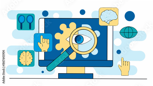 Vibrant illustration of computer screen with magnifying glass on eye