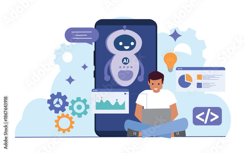 Man with AI website. Young guy sits near smartphone with Internet bots. Artificial intelligence and machine learning