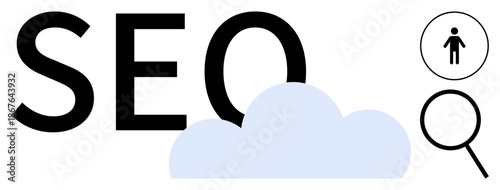 SEO text with blue cloud, magnifying glass, and human figure. Ideal for digital marketing, search optimization, online presence, data analytics, user engagement strategy branding. Simple flat