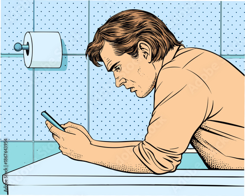 Man distracted by phone on toilet with toilet paper roll nearby