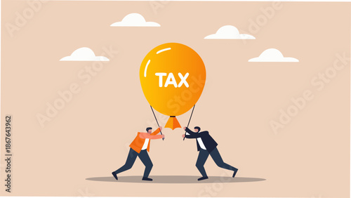Businessmen tug on ropes attached to giant orange TAX balloon