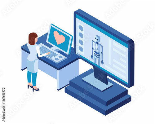 Woman working on laptop with medical data on large computer screen