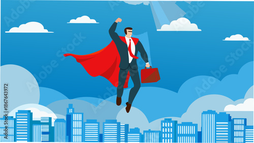 Confident businessman in superhero cape flying over cityscape