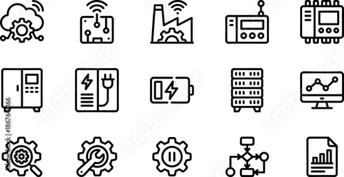 Server Technology Infrastructure Outline Icons Vector Set – Cloud Network Database IoT WiFi Monitor Data Connectivity System Device Thin Icon Pack UI Web App