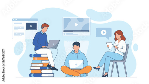 People engaged in online learning and remote education with digital devices