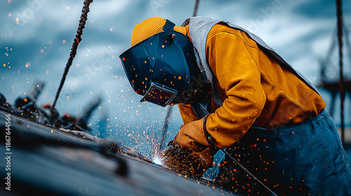 Industrial welder working on ship hull from suspended platform