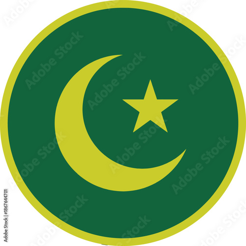 Green Islamic symbol yellow crescent moon star icon Muslim religion sign Eid Mubarak Ramadan Kareem festival emblem holy spiritual badge culture design element.