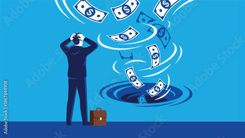 Man distressed as money flows into a financial drain, symbolizing loss