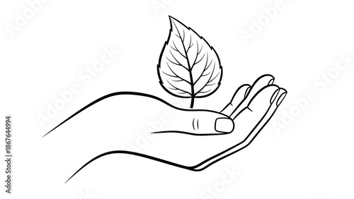 Vector illustration of a human hand holding a green leaf as a symbol of nature care and eco growth concept for environmental life