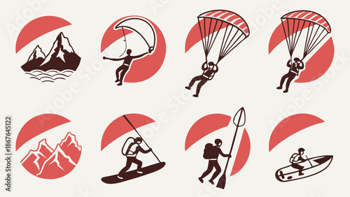 Extreme Adventure Sports Icons Set Paragliding Mountaineering Kayaking Spear Fishing for Outdoor Tourism Design