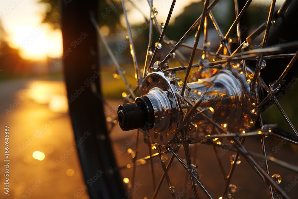 Fototapeta premium Close view of bicycle wheel hub with sunlight shining in the background during evening hours