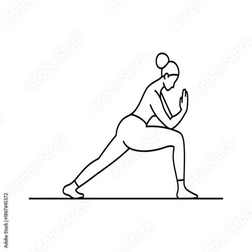 Woman in yoga warrior pose with hands clasped fitness exercise des