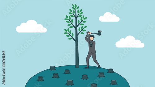 Businessman chopping down last tree amidst stumps, illustrating deforestation