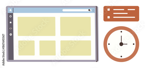 Time management, productivity tools, scheduling, online tasks, digital planning, organization. Web browser interface, task list and clock. Time management and productivity tools concept
