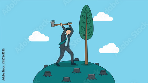 Businessman with axe about to cut the last tree on a deforested hill