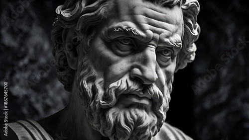 Marble bust of an ancient Greek philosopher, intense facial expression, deep wrinkles, dramatic side lighting, dark background