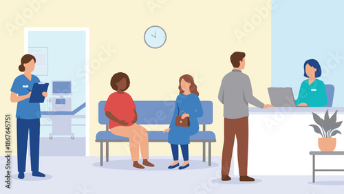 Diverse patients and staff in a medical clinic waiting room illustration
