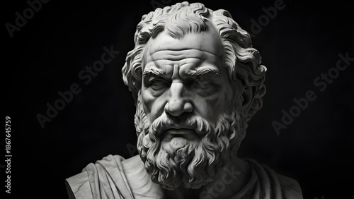 Marble bust of an ancient Greek philosopher, intense facial expression, deep wrinkles, dramatic side lighting, dark background