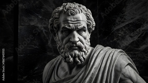 An ancient Greek philosopher, intense facial expression, deep wrinkles, dramatic side lighting, dark background, Marble Statue 