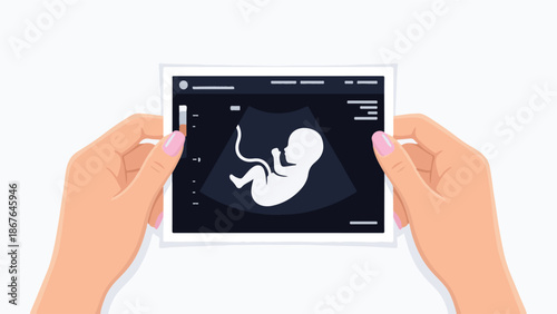 Hands holding an ultrasound scan of a baby, pregnancy and prenatal care concept