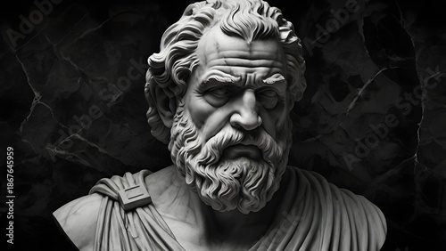 An ancient Greek philosopher, intense facial expression, deep wrinkles, dramatic side lighting, dark background, Marble Statue 