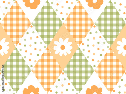 Sweet Floral Argyle Seamless pattern. The soft pastel colors and playful layout make it perfect for girly textiles, nursery prints, baby shower decorations, scrapbooking, wrapping paper, orange, green